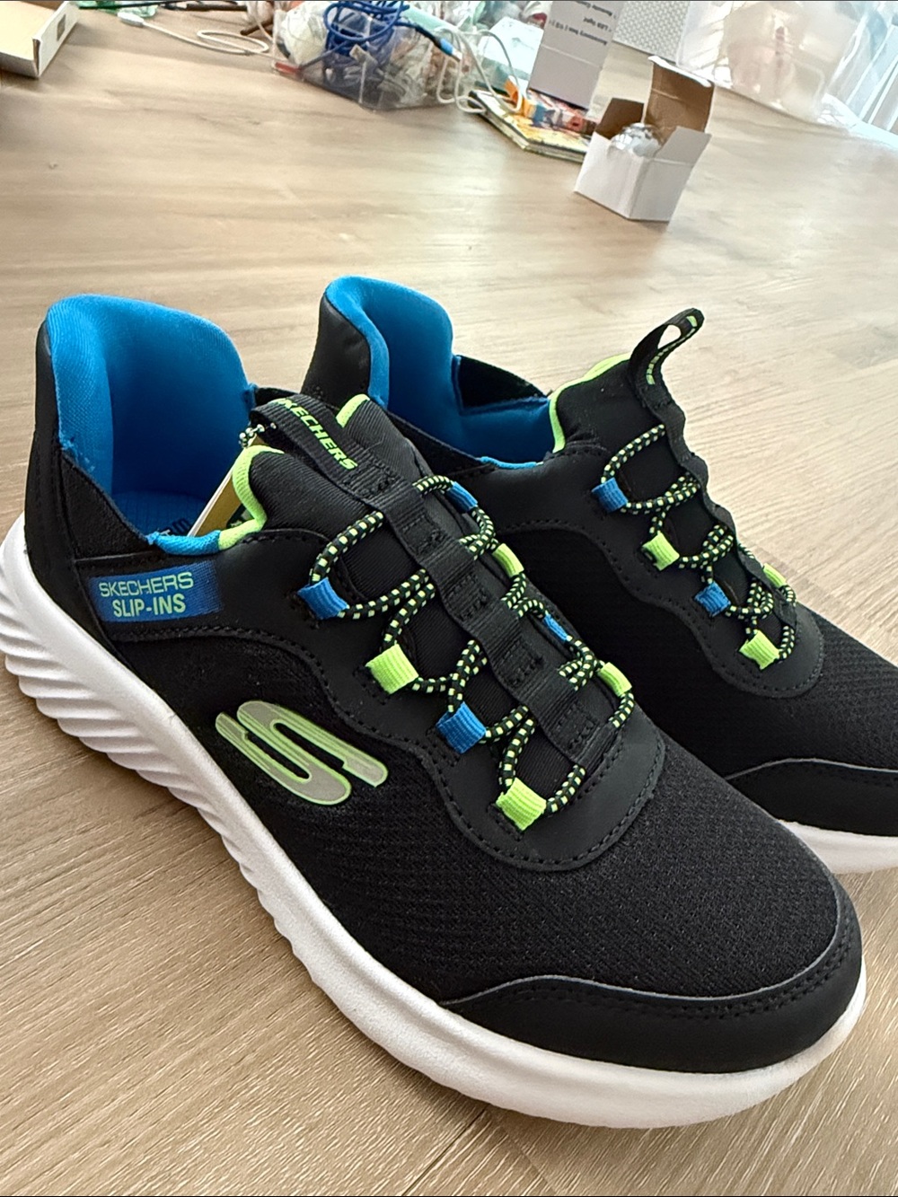 Skechers Kids Black Sneakers with Blue and Lime Accents
